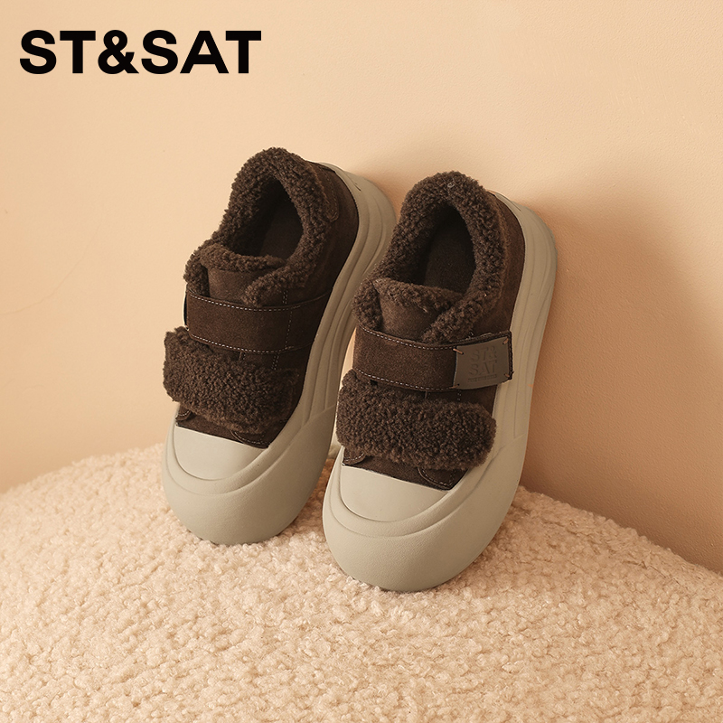 星期六女鞋冬棉鞋大头面包鞋厚底松糕加绒板鞋百搭保暖毛毛板鞋子