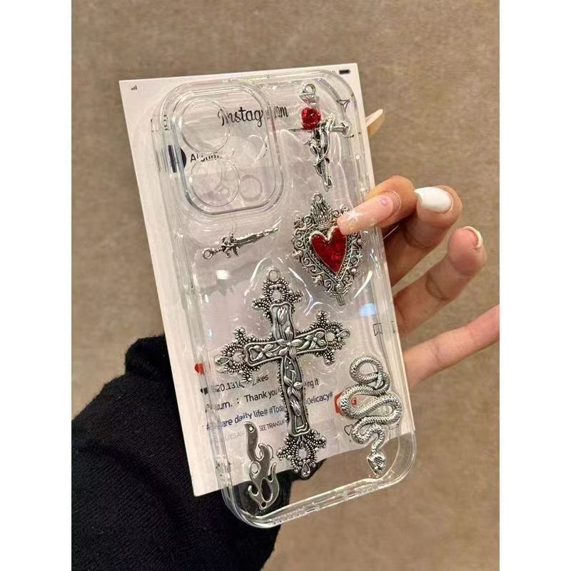 北欧风红宝石爱心十字架适用iPhone16promax高级感15轻奢14防摔13