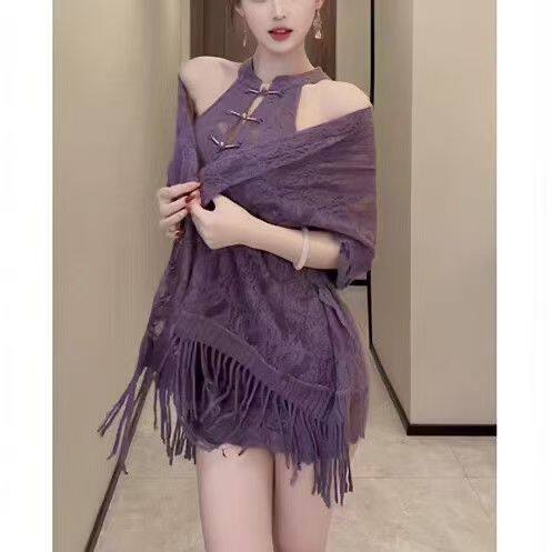 性感套装女秋季纯欲风辣妹外搭披肩开衫蕾丝镂空挂脖连衣裙两件套