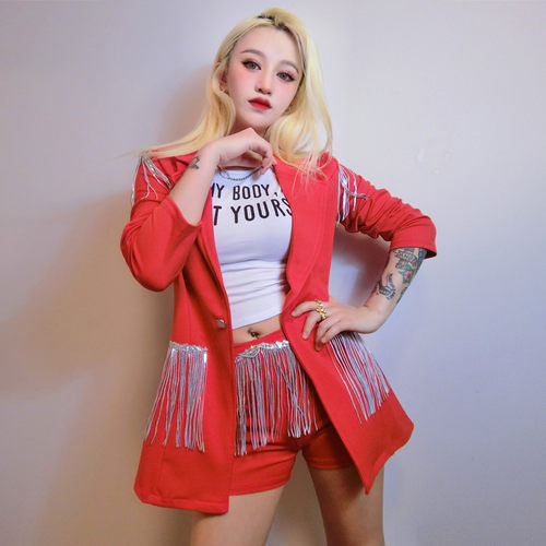 闪亮流苏镂空西服套装打歌服