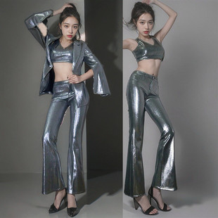 网红女主播歌手演出婚庆主持典礼爵士舞DS舞蹈银黑西服套装打歌服