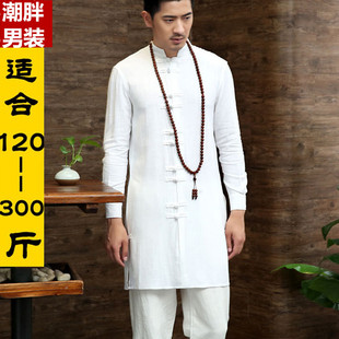 唐装亚麻改良外套长袍禅修长款衫加肥加大码男中式胖子薄款立领汉