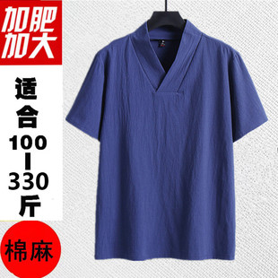 中国风夏季棉麻上衣禅修服加肥加大V领短袖T恤男新中式宽松居士服