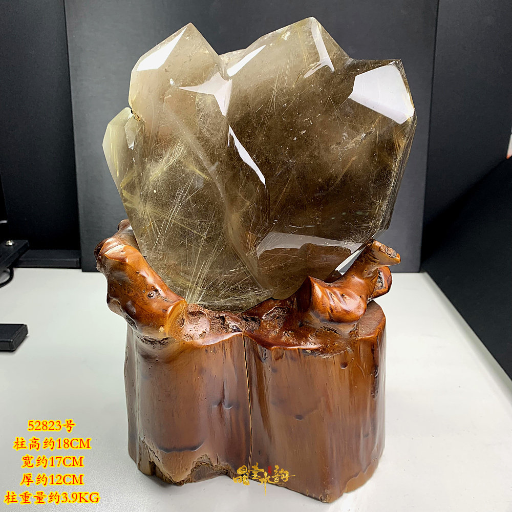 金发晶摆件 发晶柱 天然水晶原石打磨 茶色晶体 造型好看