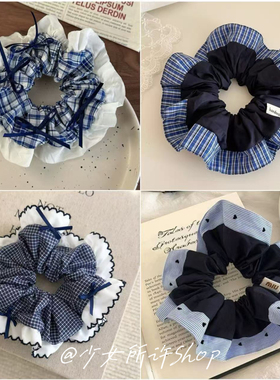 蓝色百搭格纹蝴蝶结大肠发圈女高级感头花发绳丸子头绳扎头发皮筋