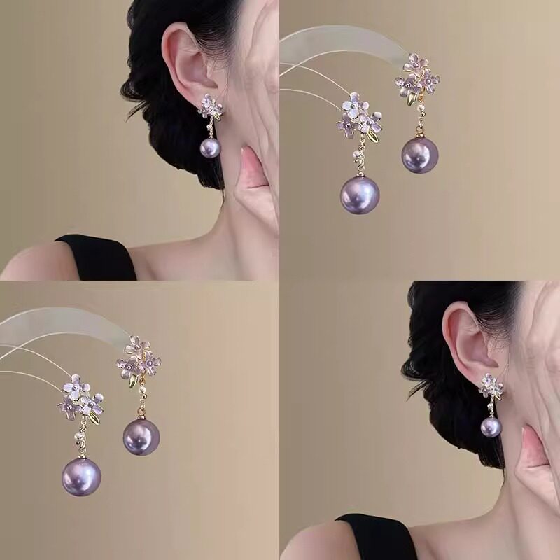 紫梦花语!紫色珍珠花朵流苏耳环气质新款耳钉女轻奢高级感耳饰品