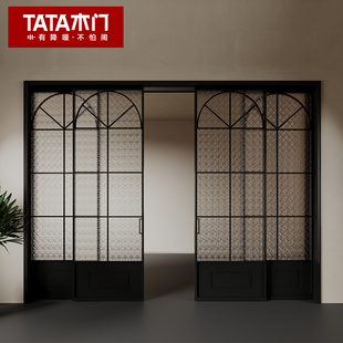TATA木门复古风厨房三联动推拉门铝合金阳台折叠推拉移门LBFG02