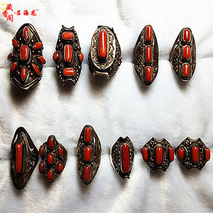 促销尼泊尔手工仿 珊瑚戒指藏式戒圈手饰指环925纯银民族风戒环