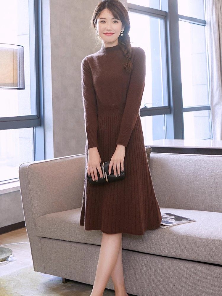 半高领羊绒连衣裙女宽松中长款毛衣裙秋冬羊绒衫针织打底裙子过膝