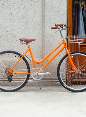 DayDayBike橙色女士26寸弯梁变速复古自行车城市代步通勤轻便单车