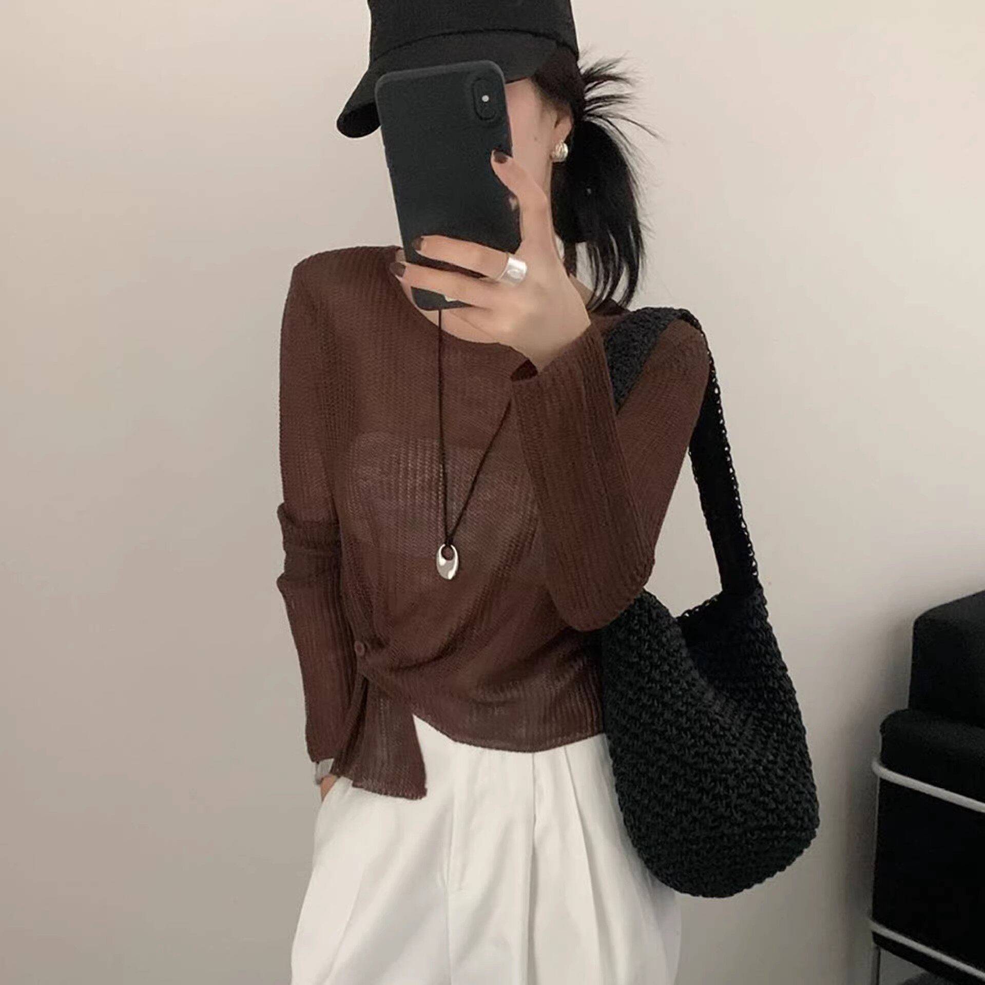 2025早秋轻奢女人味高级感松弛感镂空长袖针织衫宽松显瘦百搭上衣