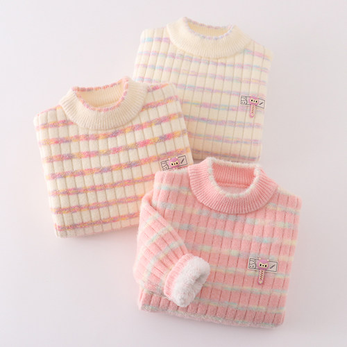 女童一体绒毛衣加厚圆领针织衫