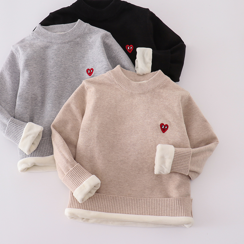 儿童纯棉圆领毛衣秋冬款加绒加厚套头衫男女童宝宝中大童打底线衫