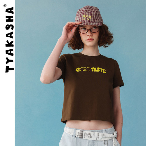 TYAKASHA塔卡沙女款上衣2026夏季新款修身短款T恤咖色短袖T恤女
