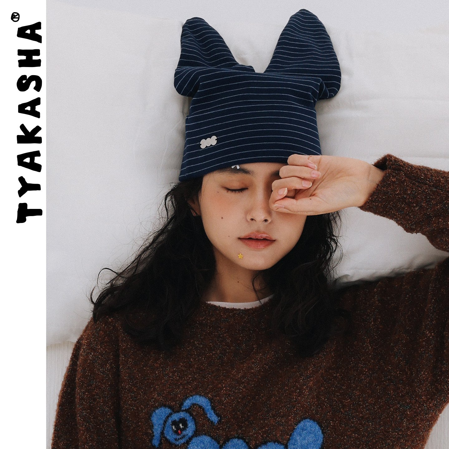 TYAKASHA塔卡沙帽子2025秋冬新款藏青色条纹帽子冷帽针织帽