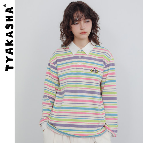 TYAKASHA塔卡沙T恤2025新款女彩色条纹长袖polo衫