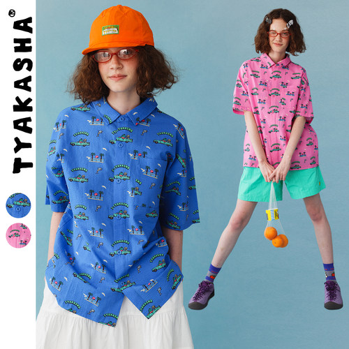 TYAKASHA塔卡沙男女情侣款上衣2026新款短袖衬衫趣味插画百搭衬衫