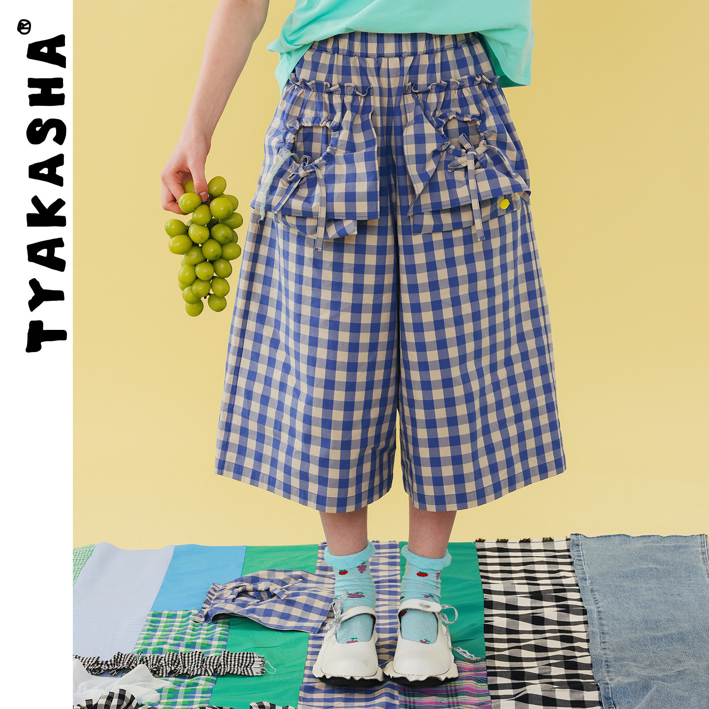 TYAKASHA塔卡沙女款裤子2026夏季新款蓝白格休闲宽松八分裤女