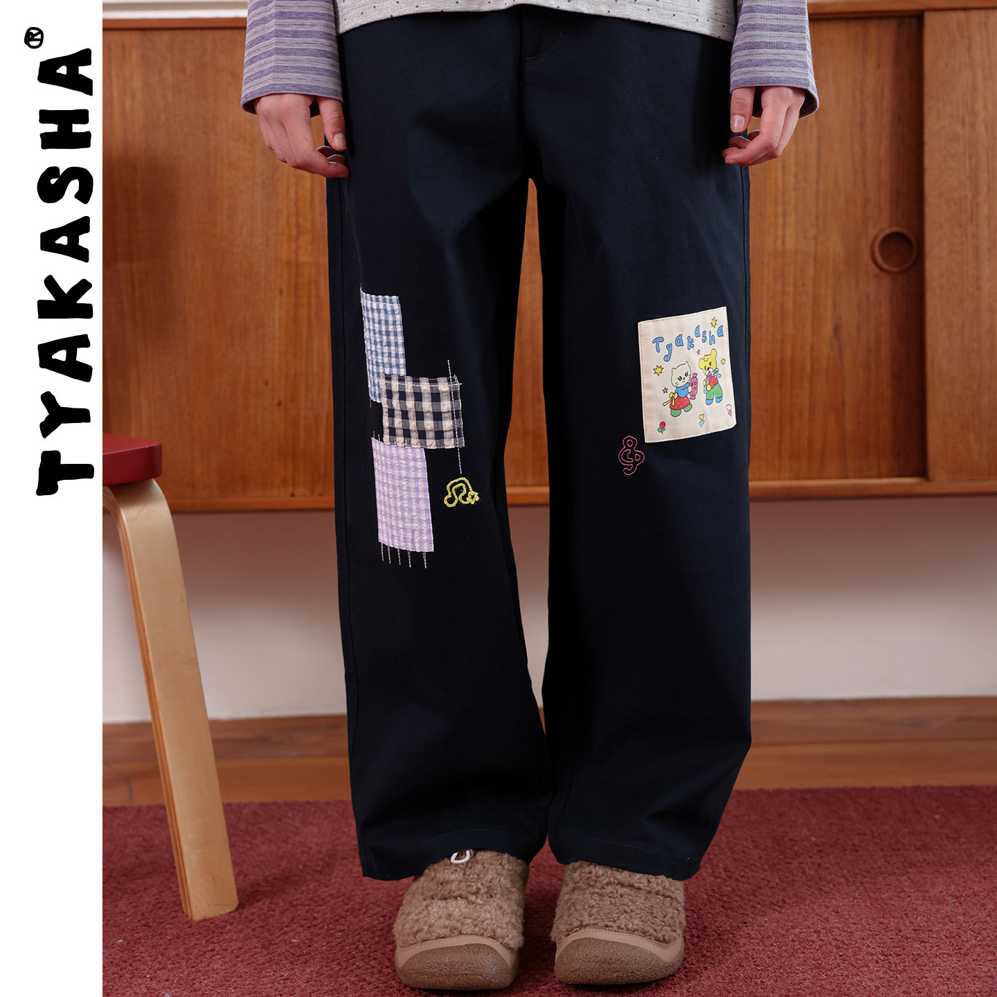 TYAKASHA女款裤子藏青色贴布休闲裤插画标签高腰宽松直筒休闲长裤