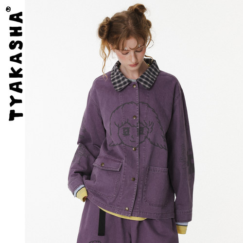 TYAKASHA塔卡沙女款外套2026秋季新款小众设计插画紫色翻领外套女