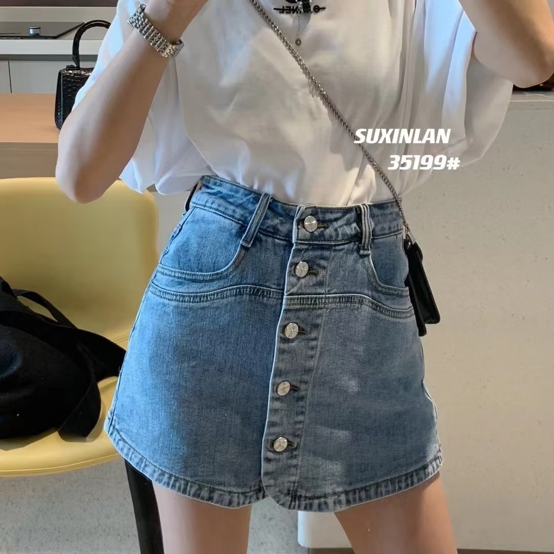 辣妹夏季薄款高腰排扣牛仔短裙女裙裤大码胖mm微胖裤裙a字半身裙