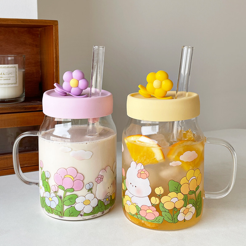 玻璃杯卡通高颜值喝水杯子耐高温大容量吸管杯宿舍家用果汁牛奶杯,餐饮具,玻璃杯,淘宝优惠券,粉丝福利购,淘宝优惠卷