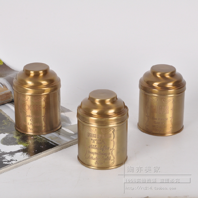 美式纯铜密封茶叶罐咖啡豆罐糖果罐摆件套三铜装饰罐欧式复古怀旧