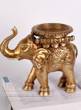 吉祥如意纯黄铜复古招财大象装饰蜡烛台工艺品摆件乔迁礼品铜制象