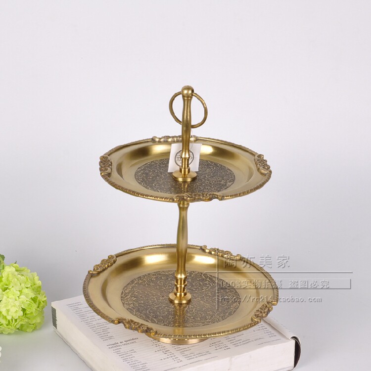 印度进口轻奢纯黄铜复古双层下午茶点心糕点盘欧美古典零食盘摆件