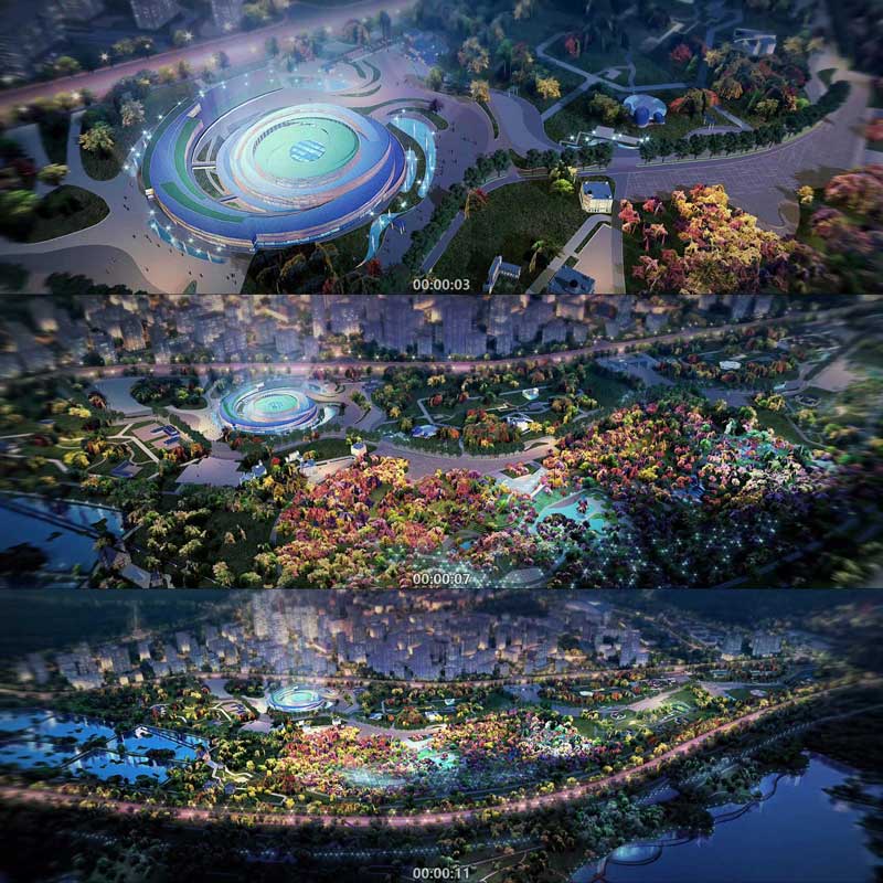 城市鸟瞰夜景 烟花 3D动画 三维建筑漫游 城市宣传片视频素材镜头