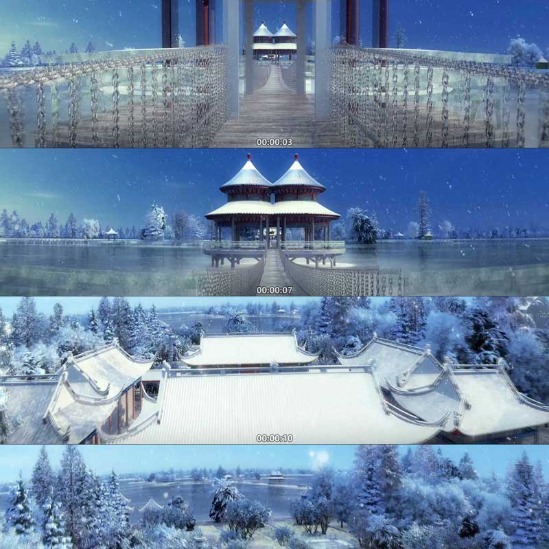 460三维古建筑雪景下雪动画 3D动画 三维建筑漫游 城市宣传片