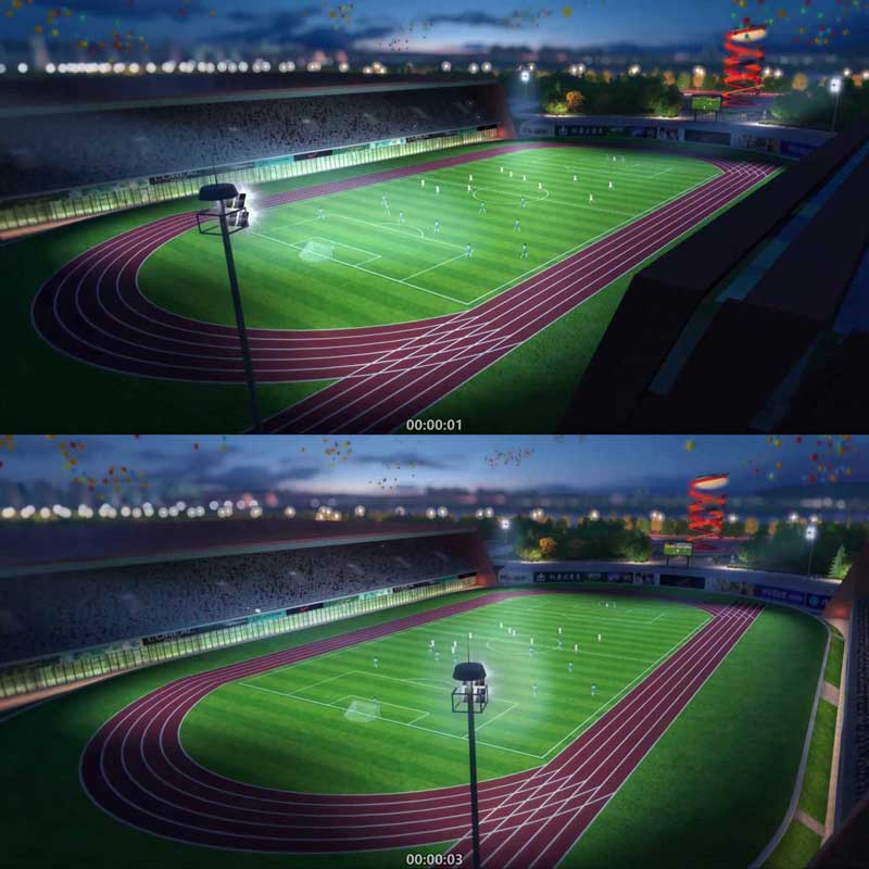 444三维足球场体育场夕阳黄昏3D动画 三维建筑漫游 城市宣传片