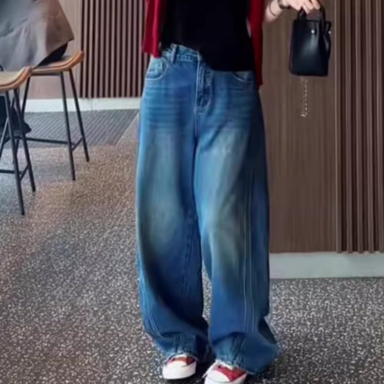 美式复古气质高端时尚拖地牛仔裤
