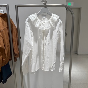 UR UY2026春季新款女装都市蕾丝花边压褶系带开襟衬衫UYU260001