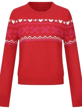 2026春季新款女都市费尔岛蝴蝶结爱心提花红色针织衫UYU960018