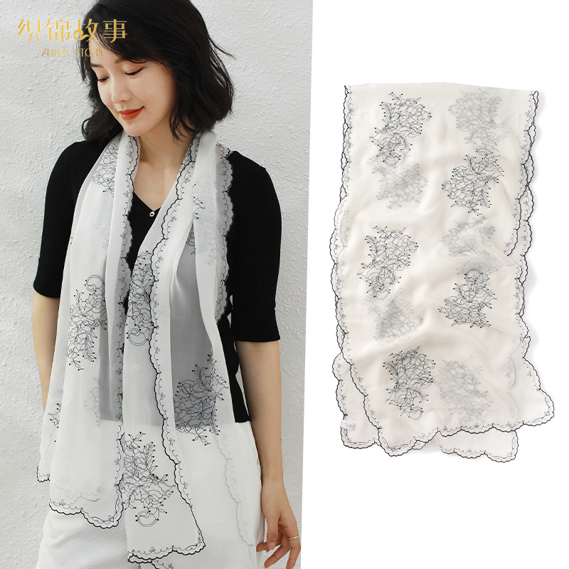 真丝刺绣长条小丝巾女春秋薄款纱巾桑蚕丝围脖护颈高档小围巾冬季