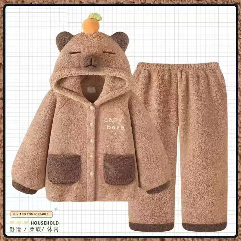 卡皮巴拉秋冬季珊瑚绒睡衣女款可爱连帽加厚法兰绒保暖家居服套装