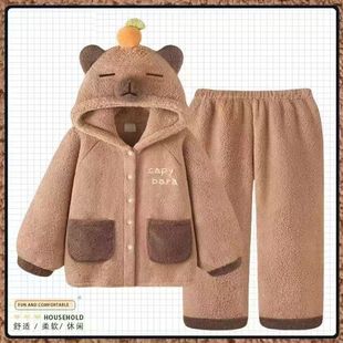 卡皮巴拉秋冬季珊瑚绒睡衣女款可爱连帽加厚法兰绒保暖家居服套装
