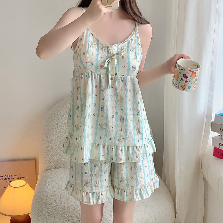 性感带胸垫夏季睡衣女云朵棉吊带两件套蓝色小熊家居服可外穿夏天
