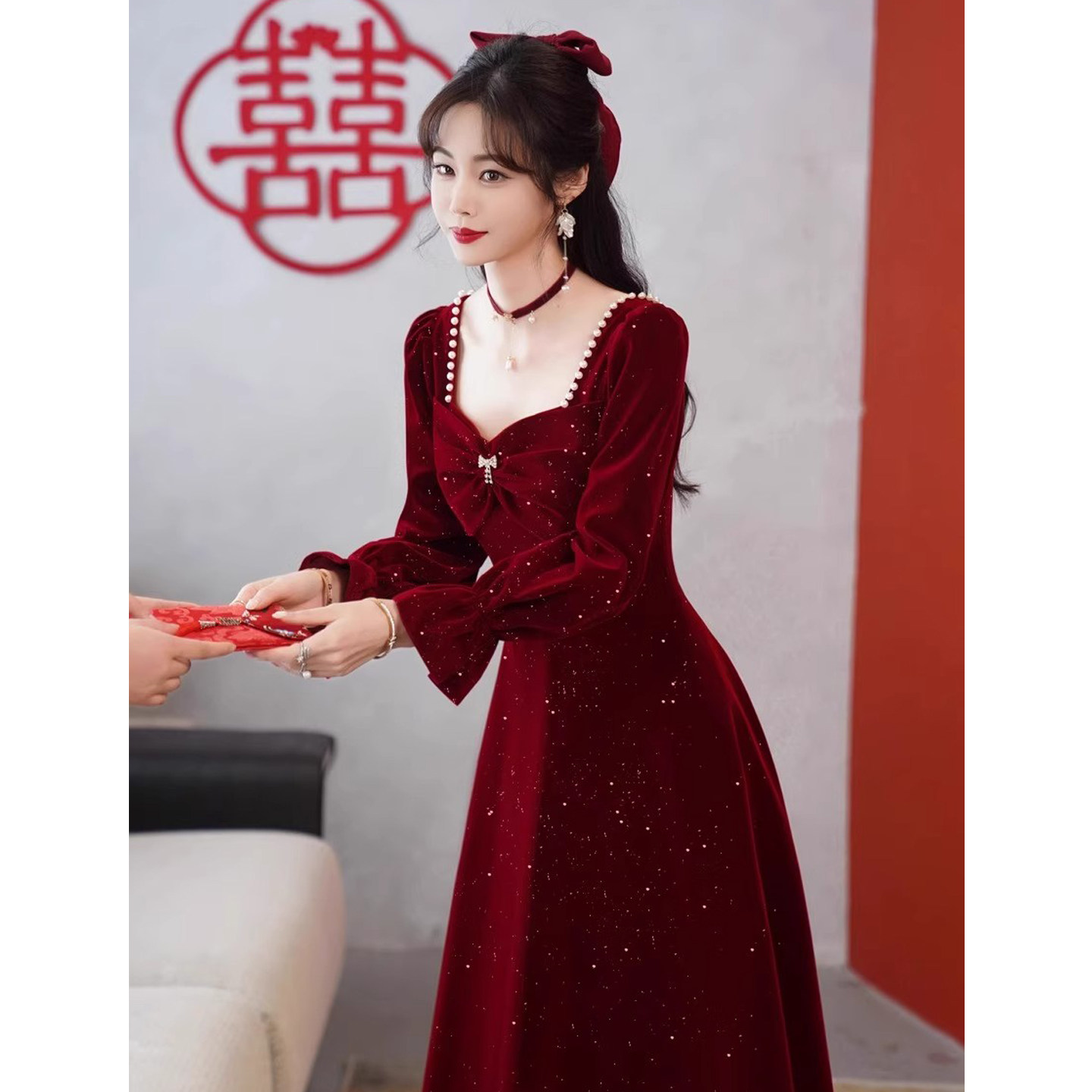 大码胖mm敬酒服新娘酒红色结婚订婚回门气质礼服连衣裙女平时可穿