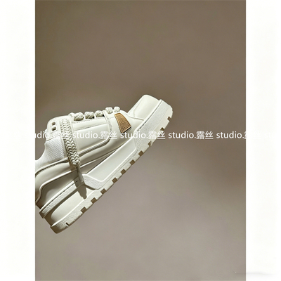 露丝 studio厚底增高小胖丁休闲运动鞋女真皮情侣款系带白色板鞋