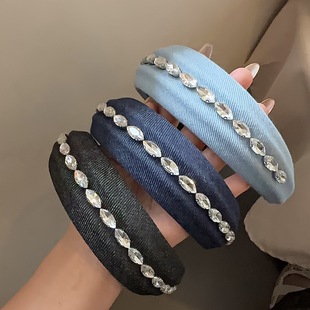女 原創(chuàng)設(shè)計(jì)水鉆異形發(fā)箍輕奢百搭高顱頂牛仔發(fā)飾外出洗臉頭箍韓版