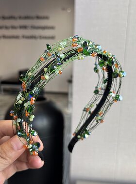 欧美风时尚轻奢显脸小发箍彩色水晶珠扭结编织绿色森系发饰女配饰