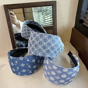 布藝牛仔刺繡發箍加寬遮白發發縫發卡發飾休閑百搭洗臉頭箍女 韓版