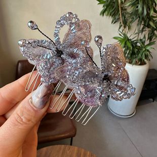 韩国东大门轻奢刺绣水晶蝴蝶插梳发卡轻奢小众设计千金发饰倒插梳