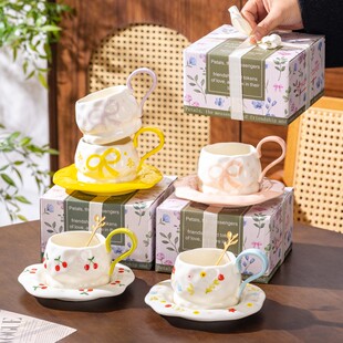 ins可爱风釉下彩咖啡杯碟礼盒套装高颜值精致水杯拉花女伴手礼物