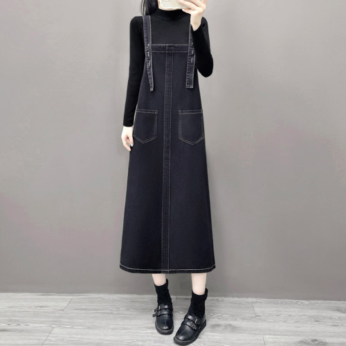 宽松减龄长裙背带新款加大码牛仔