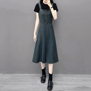 2025中长裙新款前开叉百搭宽松收腰背带裙牛仔吊带a字连衣裙潮裙