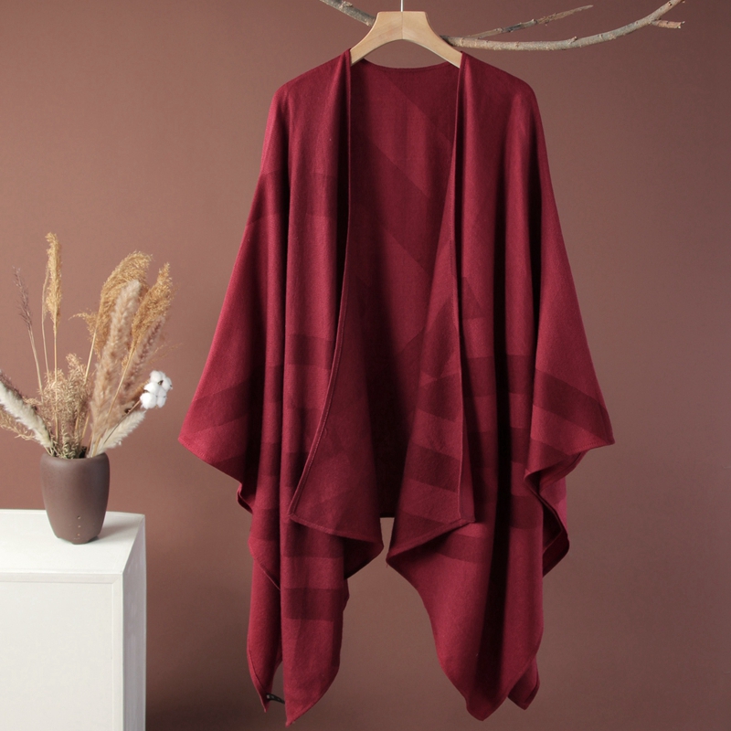 英伦风纯羊毛护肩斗篷披风薄款女春秋酒红色渐变格子披肩外搭新款