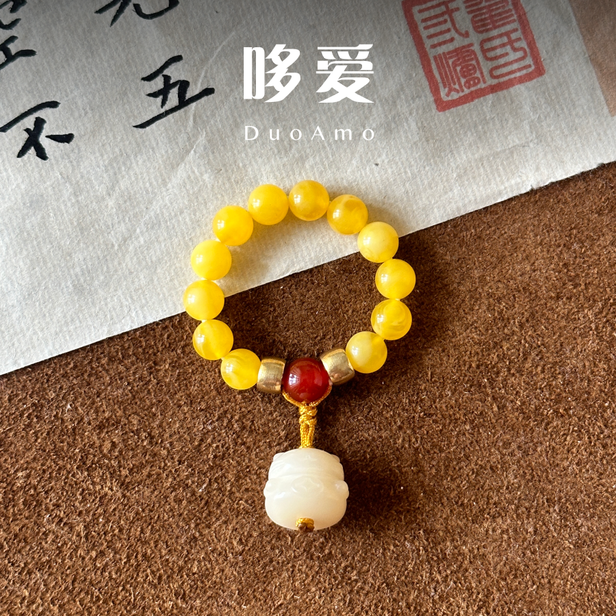 Duoamo原创小众设计菩提招财猫波罗的海原矿鸡油黄蜜蜡小手捻戒指